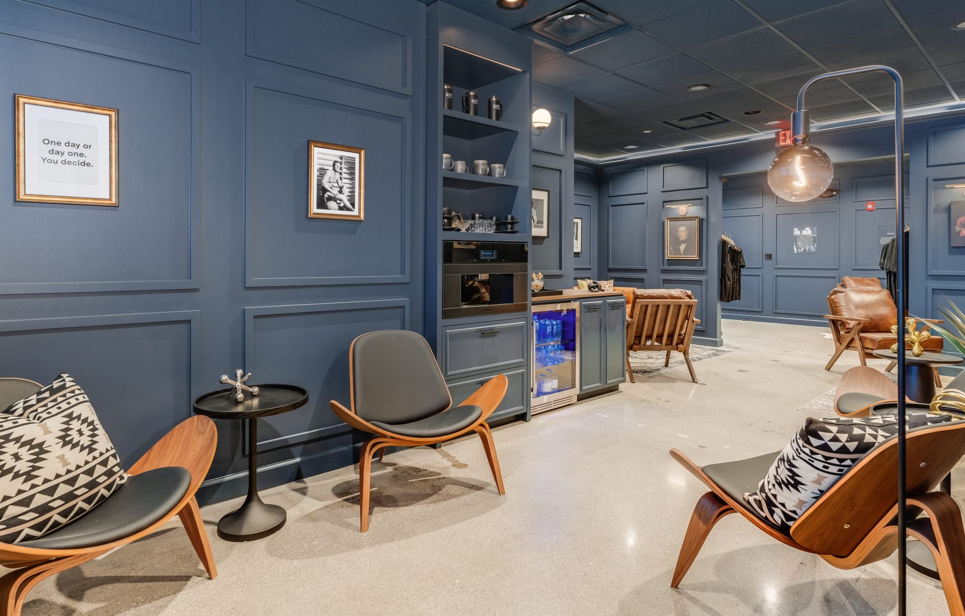 The reception lounge at Alpha Refinery, a men's performance medicine clinic in Hinsdale, Illinois.