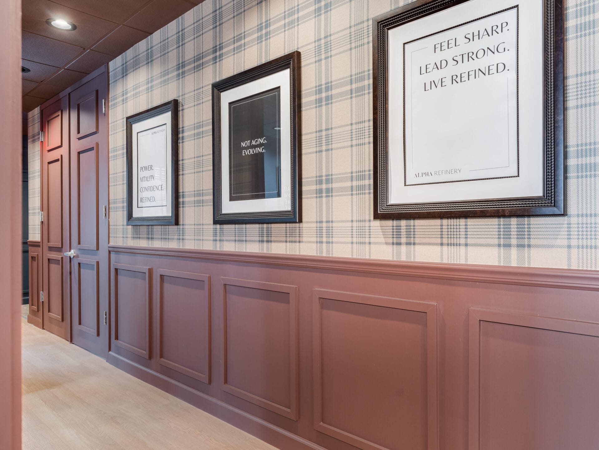The private corridor and seating at Alpha Refinery, Hinsdale.