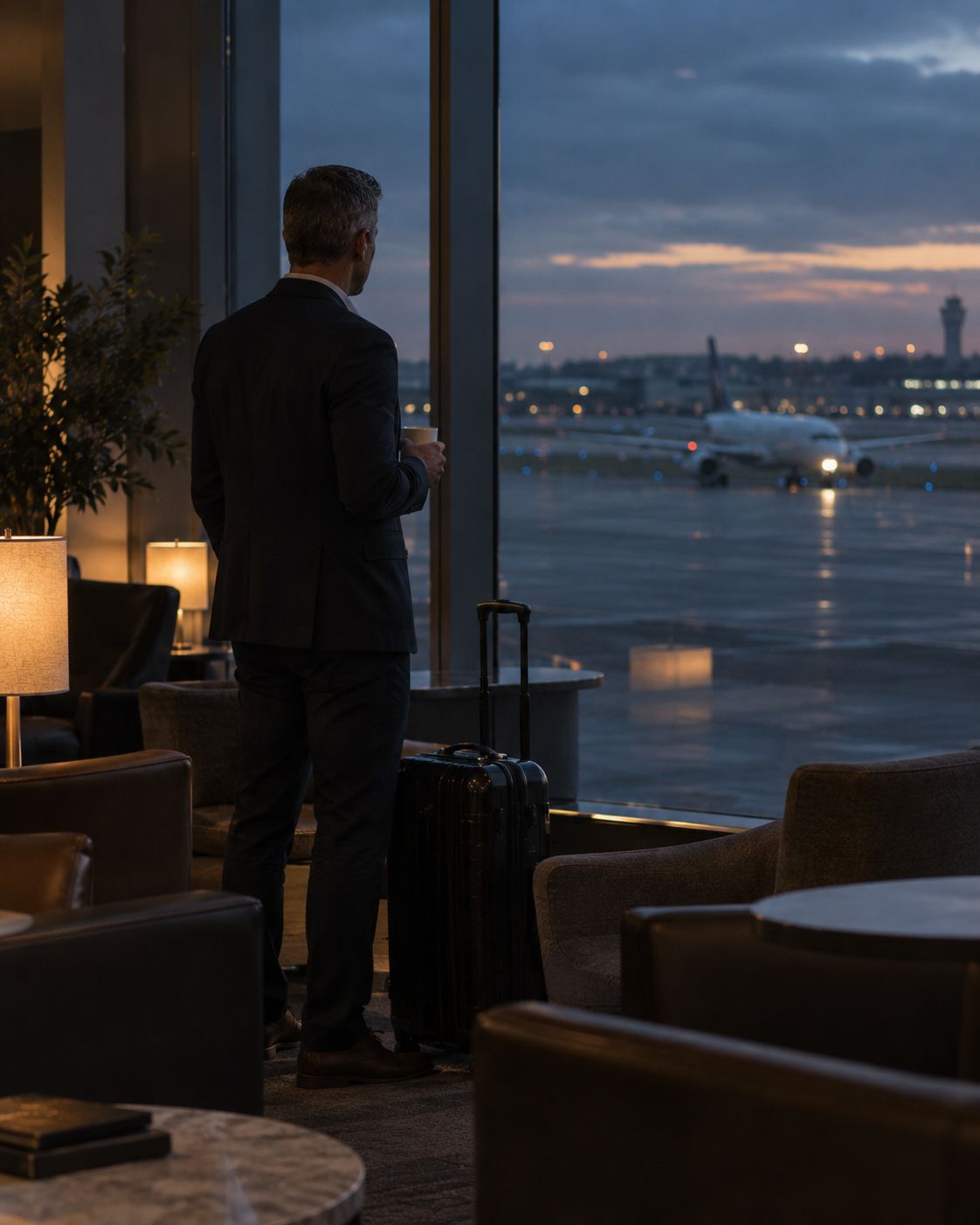 A man with a carry-on watching the runway from an airport lounge at dawn.