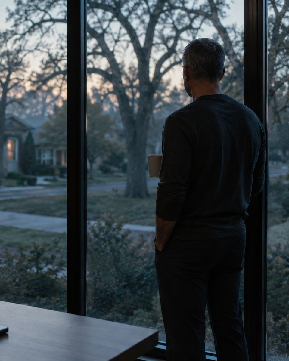 Before sunrise at the window, coffee in hand.