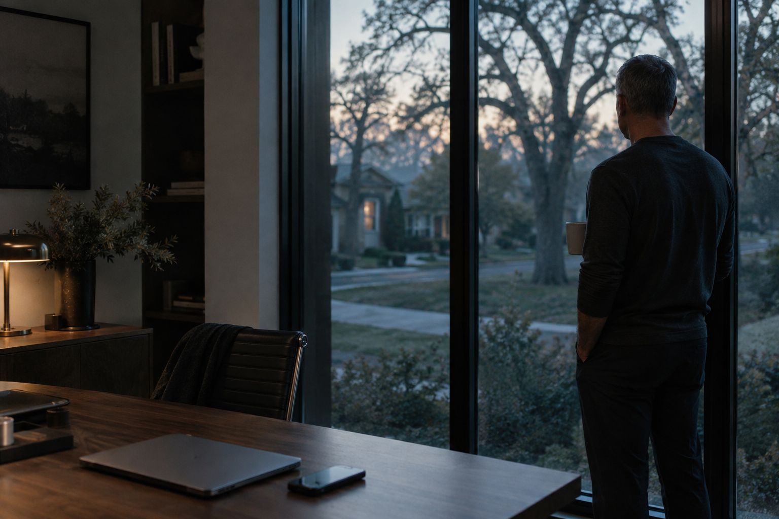 A man at a window before sunrise, coffee in hand, the house still asleep.