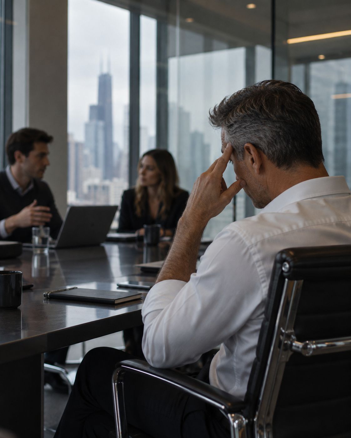 A man in a glass conference room pressing his temple during a meeting.
