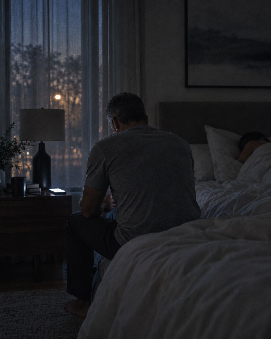 A man sitting on the edge of his bed in the dark, a phone glowing on the nightstand.
