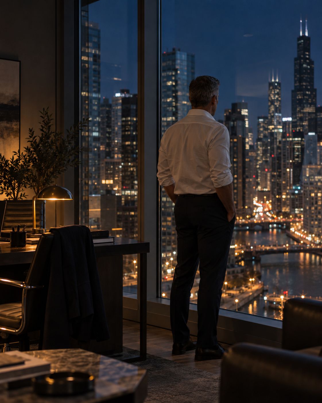 A man alone in a glass office at night, the city lit up behind him.