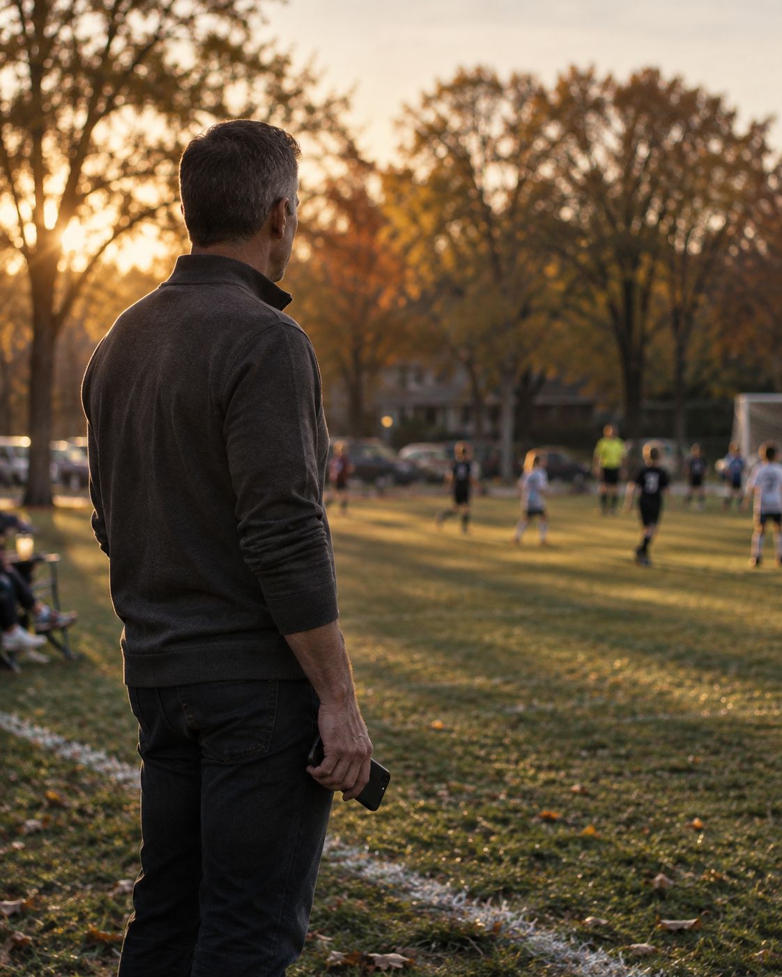 A father watching his child's game from the sideline in autumn light.