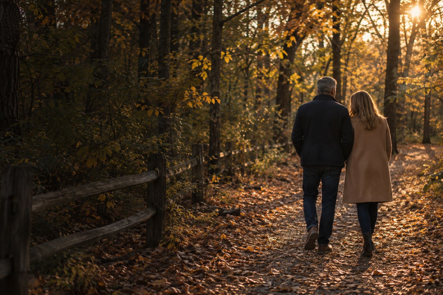 A man and his wife walking a wooded trail in late afternoon light.